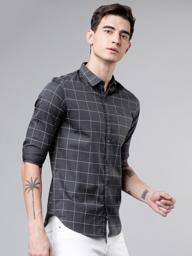 Mens Charcoal Grey & White Slim Fit Checked Casual Shirt - Grey - Image 6