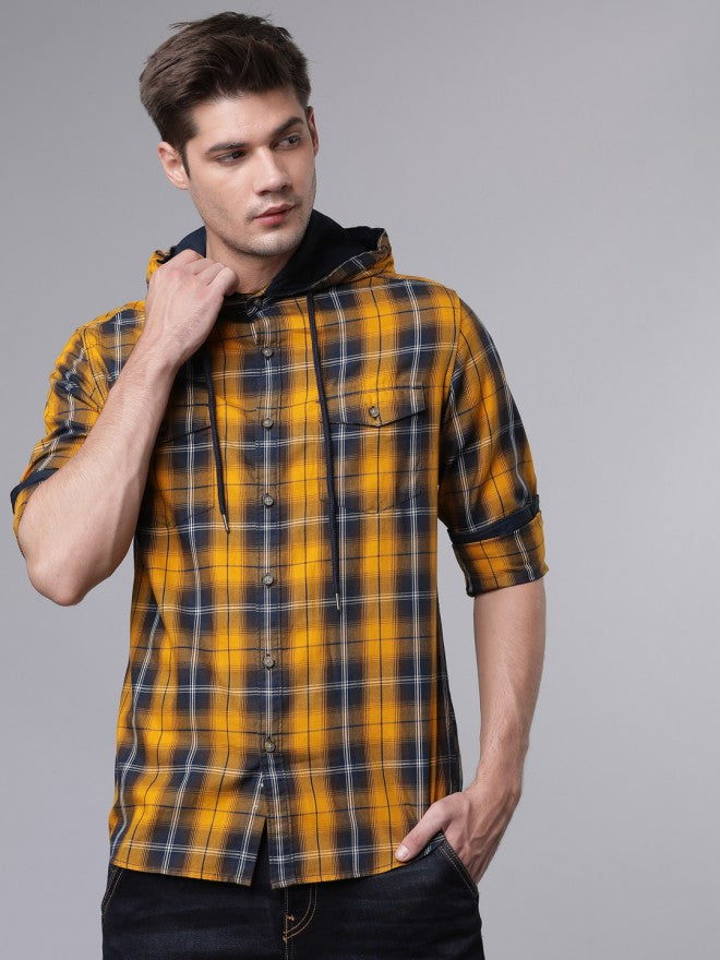 Mens Mustard Yellow & Navy Blue Slim Fit Checked Casual Shirt - Mustard - Image 2