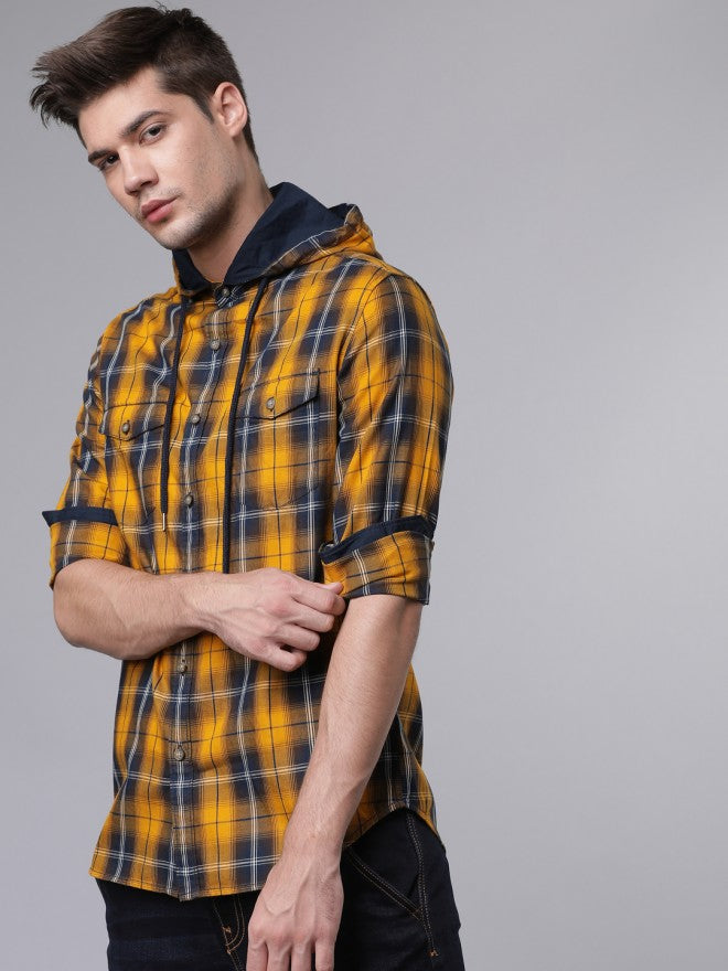 Mens Mustard Yellow & Navy Blue Slim Fit Checked Casual Shirt - Mustard - Image 1