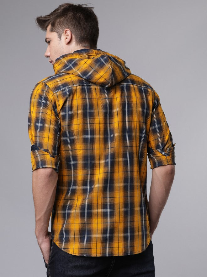 Mens Mustard Yellow & Navy Blue Slim Fit Checked Casual Shirt - Mustard - Image 3