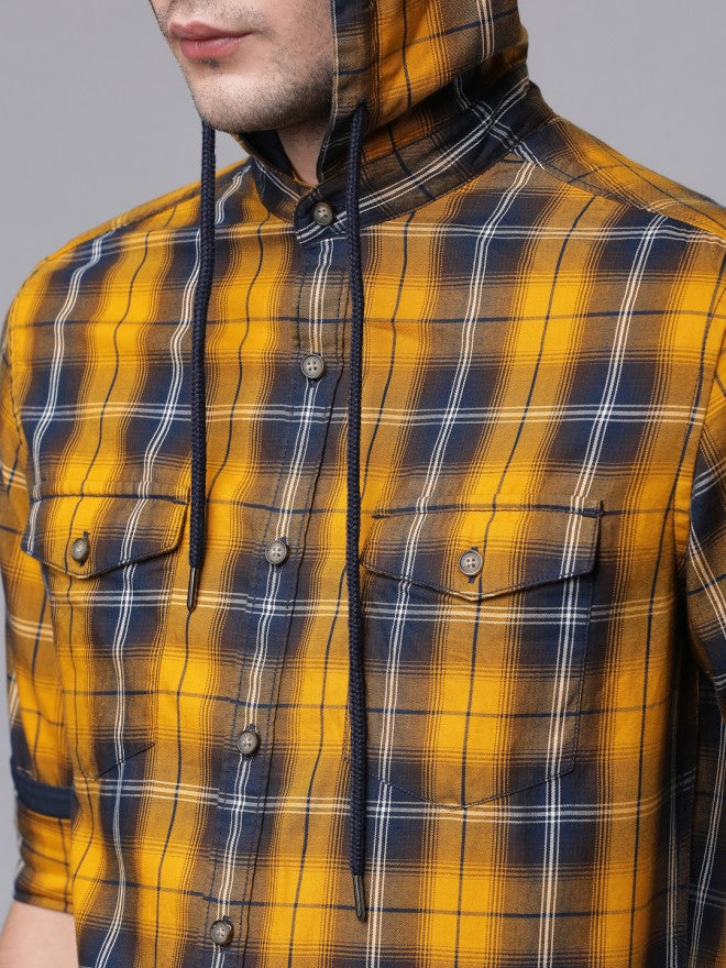 Mens Mustard Yellow & Navy Blue Slim Fit Checked Casual Shirt - Mustard - Image 4