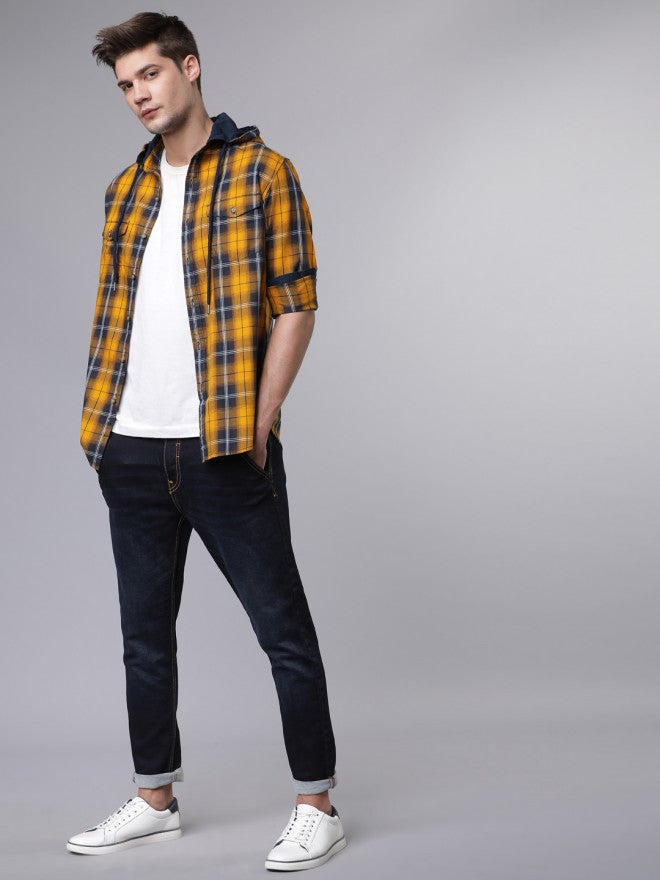 Mens Mustard Yellow & Navy Blue Slim Fit Checked Casual Shirt - Mustard - Image 5