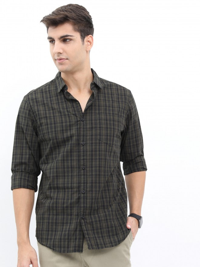 Highlander Men Olive/Black Slim Fit Casual Shirt - Olive - Image 1