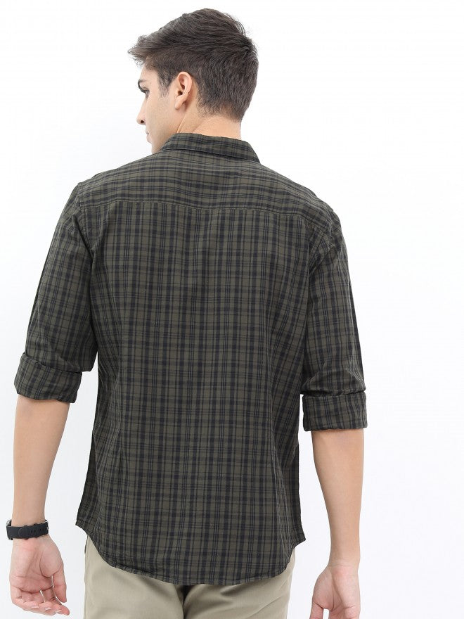 Highlander Men Olive/Black Slim Fit Casual Shirt - Olive - Image 3