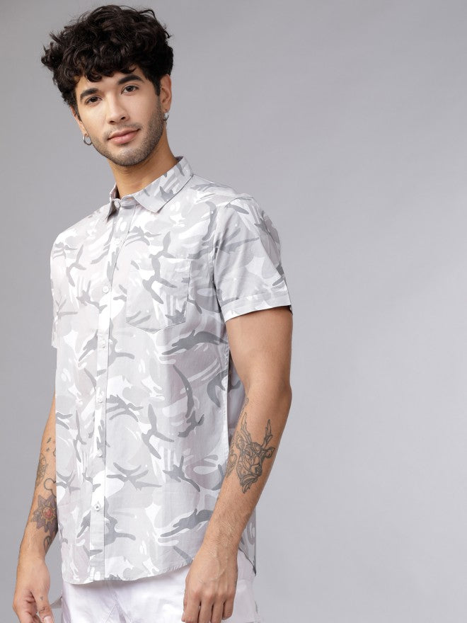 Mens White & Grey Slim Fit Printed Casual Shirt - White - Image 2