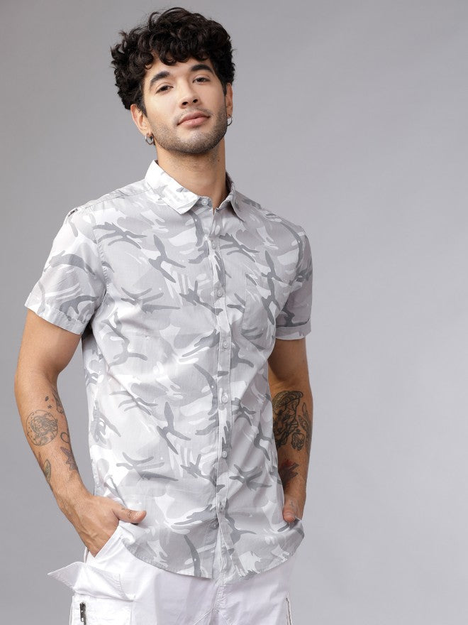 Mens White & Grey Slim Fit Printed Casual Shirt - White - Image 1