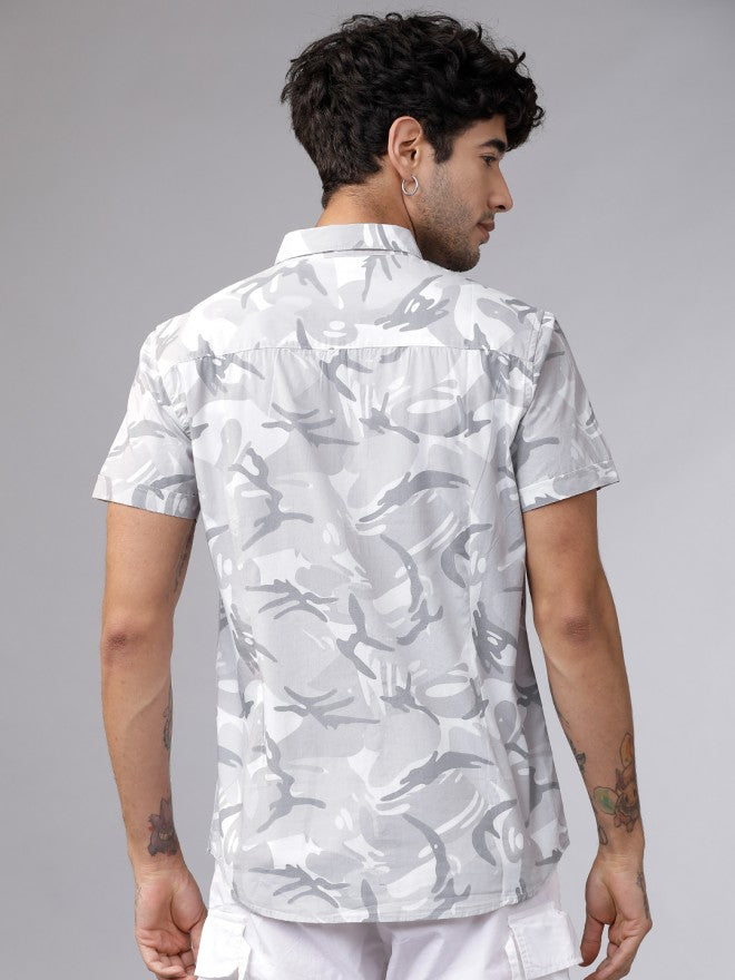 Mens White & Grey Slim Fit Printed Casual Shirt - White - Image 3