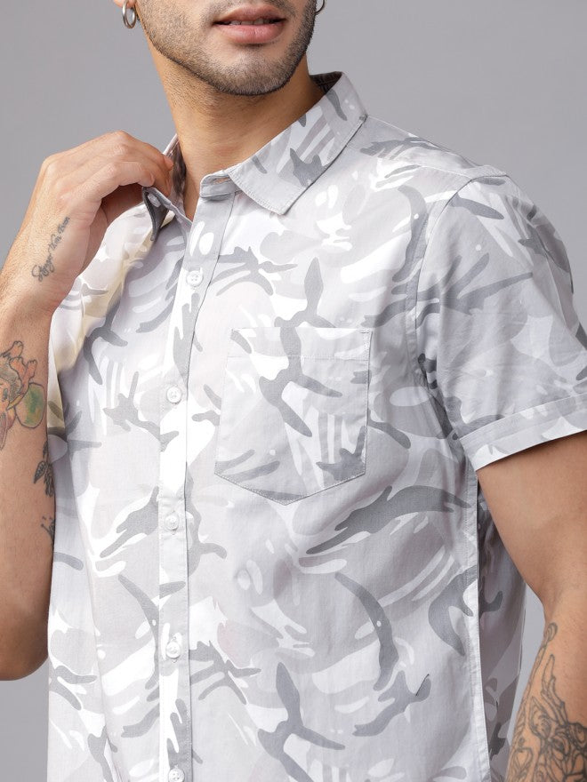 Mens White & Grey Slim Fit Printed Casual Shirt - White - Image 4