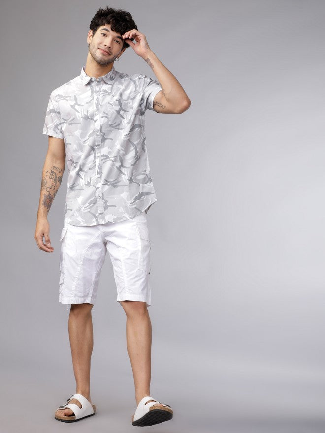 Mens White & Grey Slim Fit Printed Casual Shirt - White - Image 5
