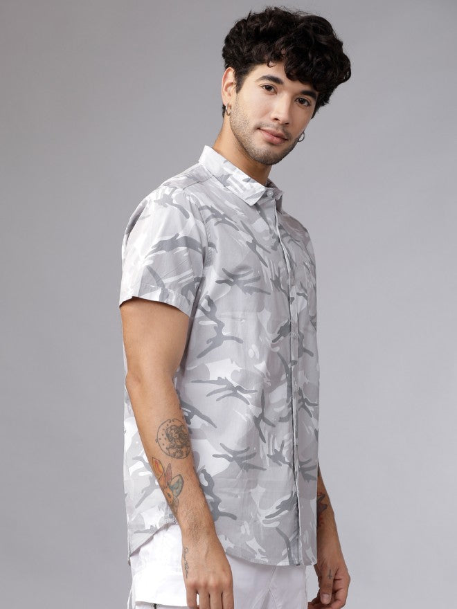 Mens White & Grey Slim Fit Printed Casual Shirt - White - Image 6