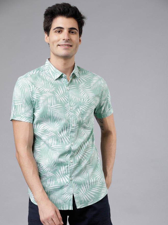 Mens Green & White Slim Fit Printed Casual Shirt - Green - Image 2
