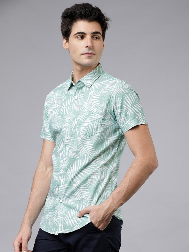 Mens Green & White Slim Fit Printed Casual Shirt - Green - Image 1