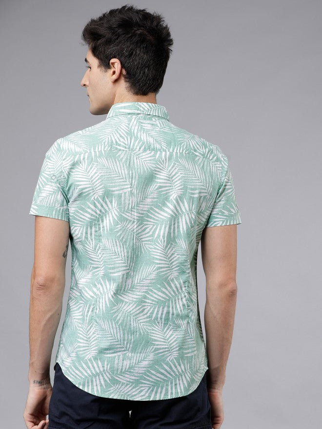 Mens Green & White Slim Fit Printed Casual Shirt - Green - Image 3