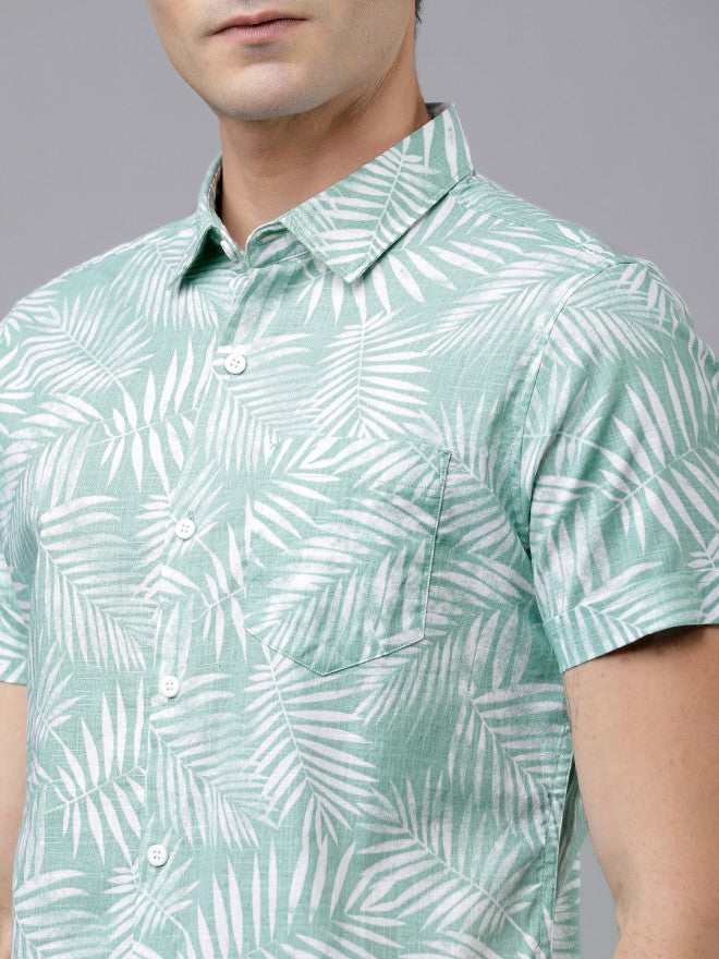 Mens Green & White Slim Fit Printed Casual Shirt - Green - Image 4