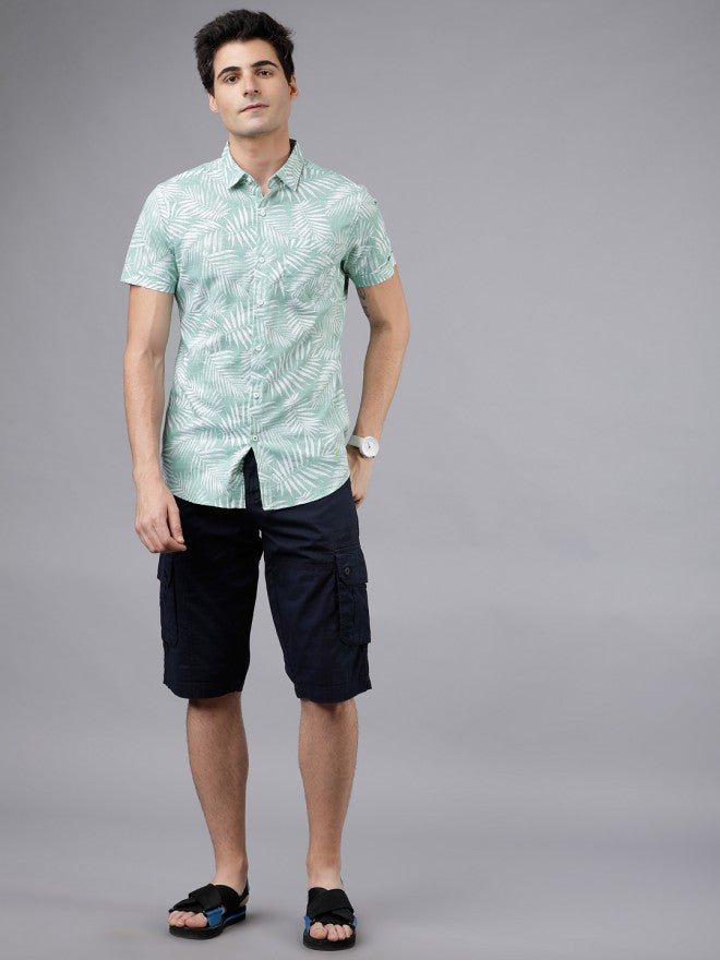 Mens Green & White Slim Fit Printed Casual Shirt - Green - Image 5
