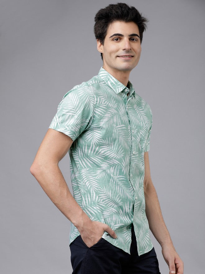 Mens Green & White Slim Fit Printed Casual Shirt - Green - Image 6
