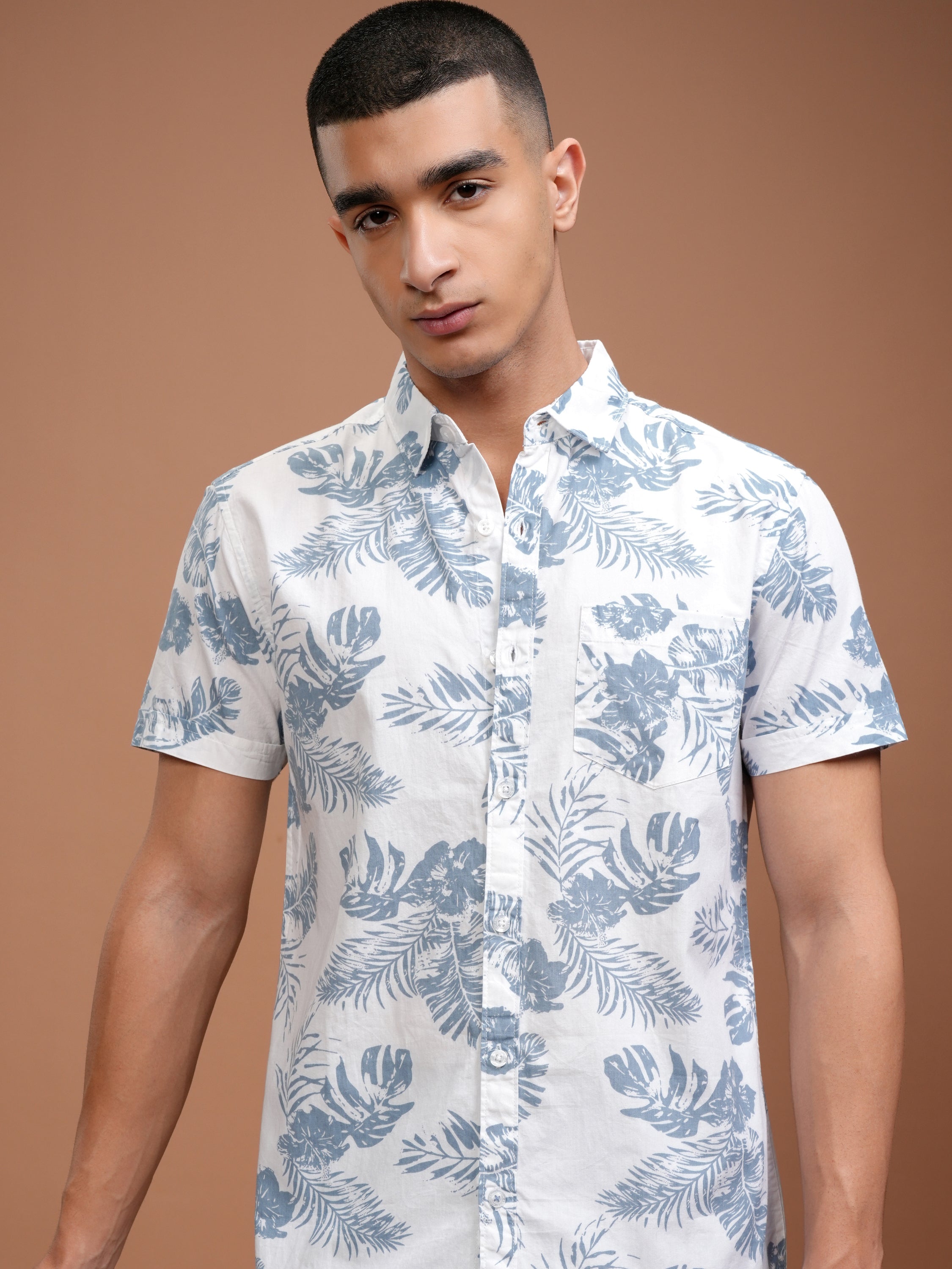 Mens White & Blue Slim Fit Printed Casual Shirt - White - Image 1