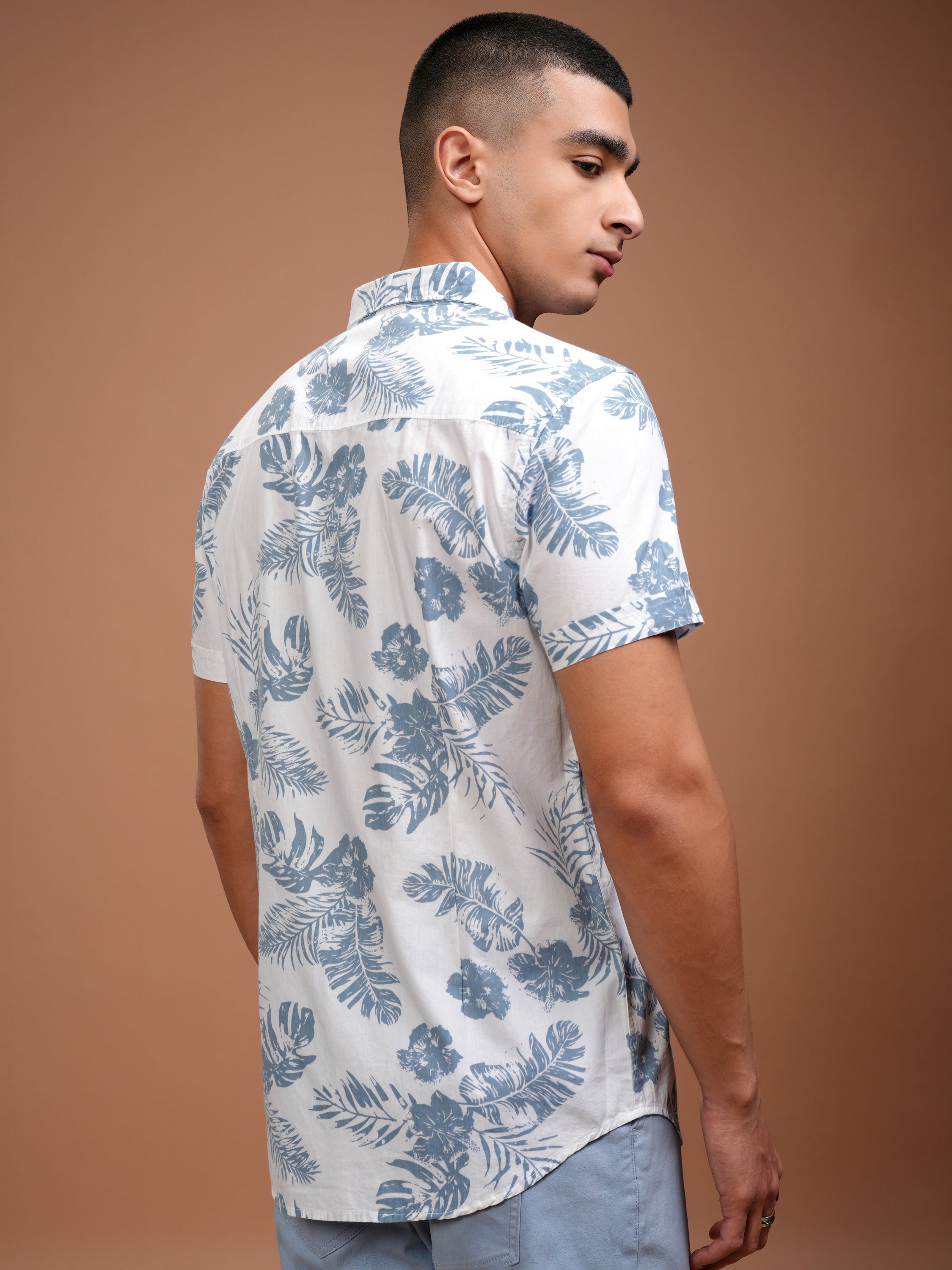 Mens White & Blue Slim Fit Printed Casual Shirt - White - Image 3