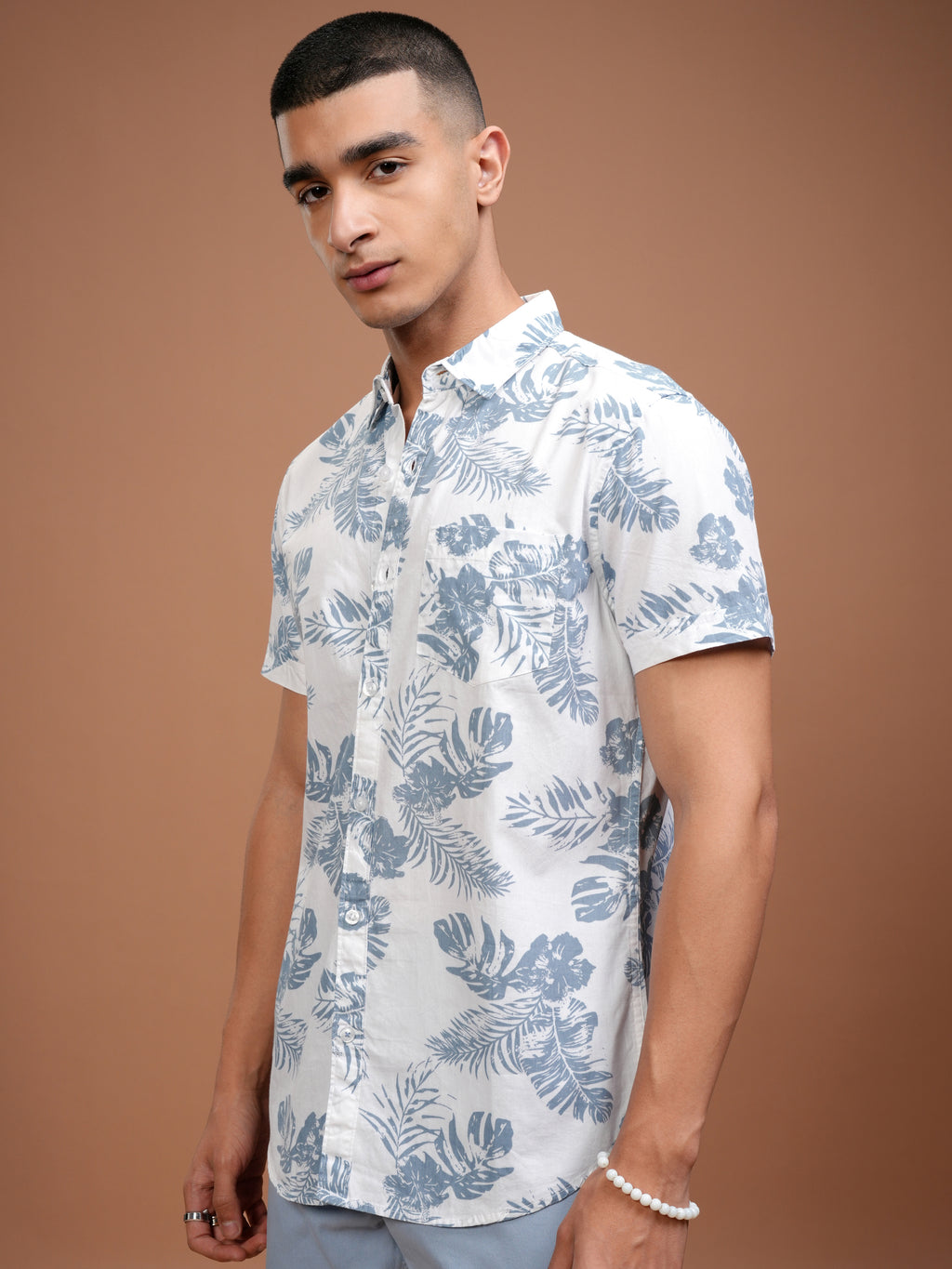 Mens White & Blue Slim Fit Printed Casual Shirt - White - Image 4