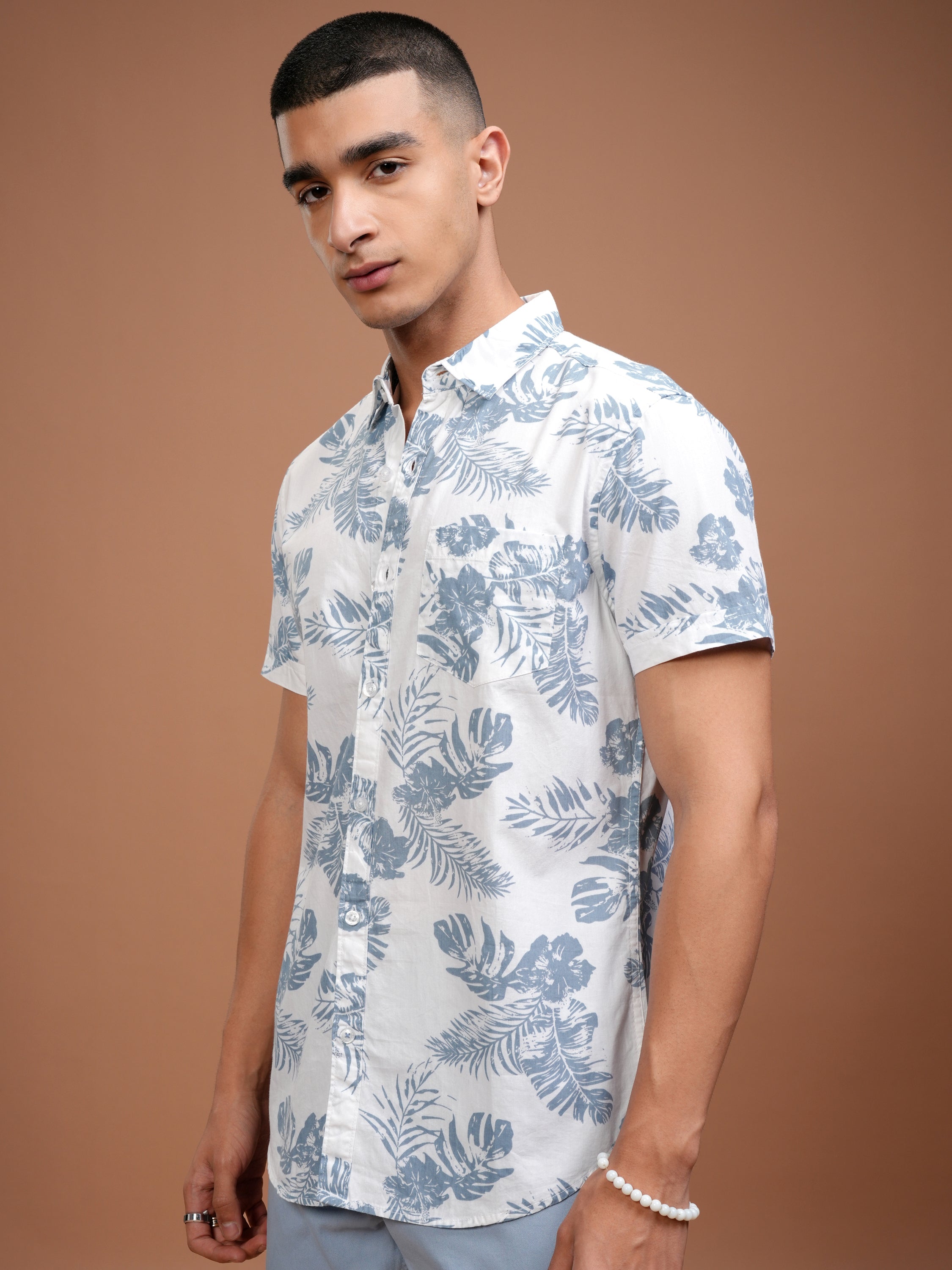 Mens White & Blue Slim Fit Printed Casual Shirt - White - Image 4