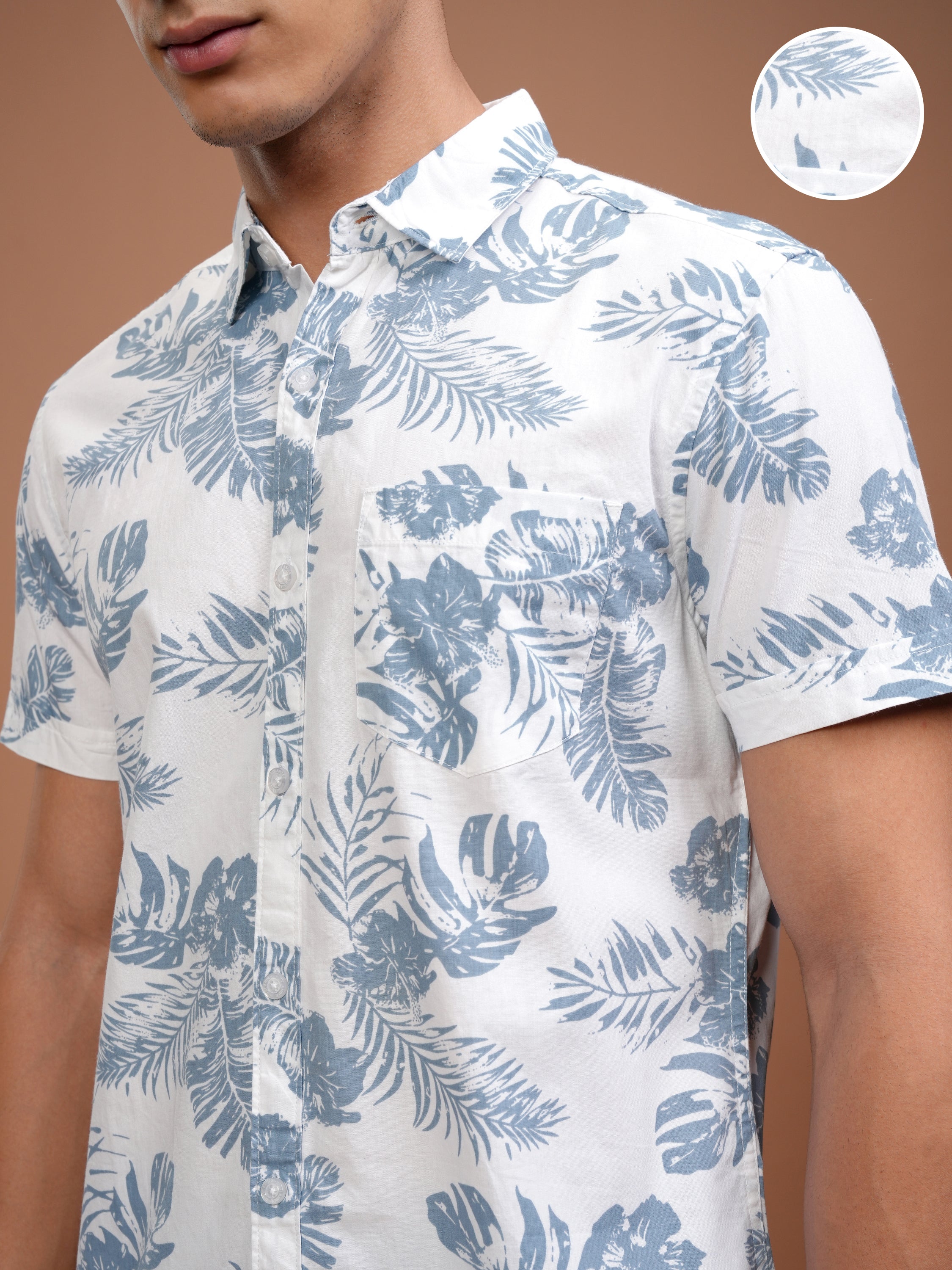 Mens White & Blue Slim Fit Printed Casual Shirt - White - Image 5