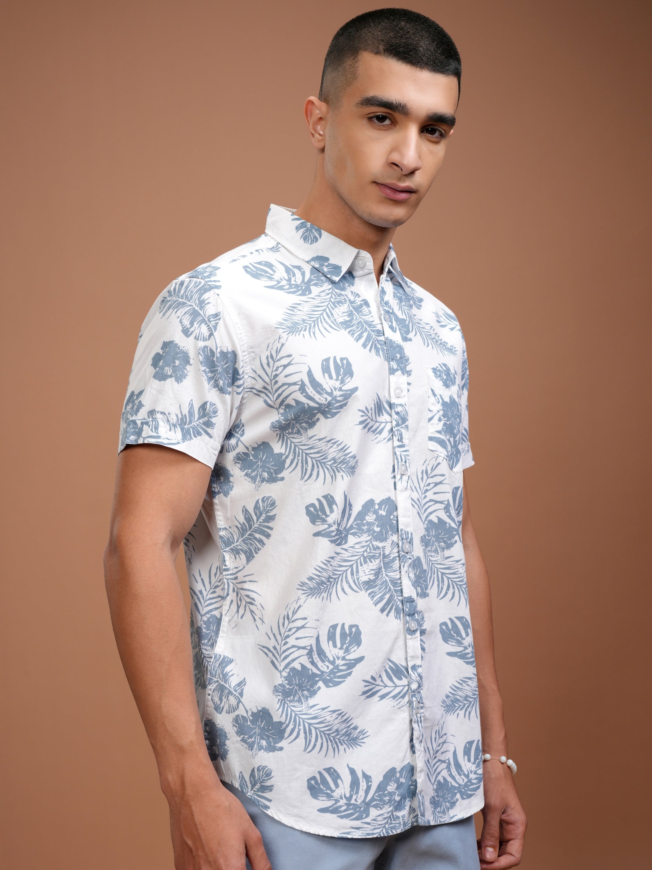 Mens White & Blue Slim Fit Printed Casual Shirt - White - Image 6