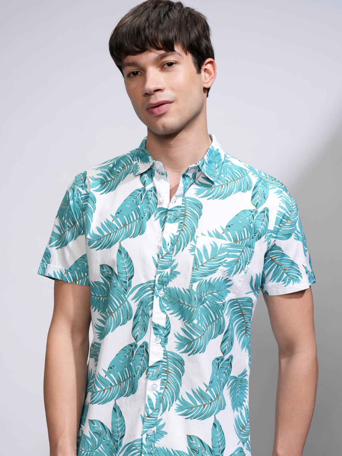 Mens Green & White Slim Fit Printed Casual Shirt - Green - Image 1