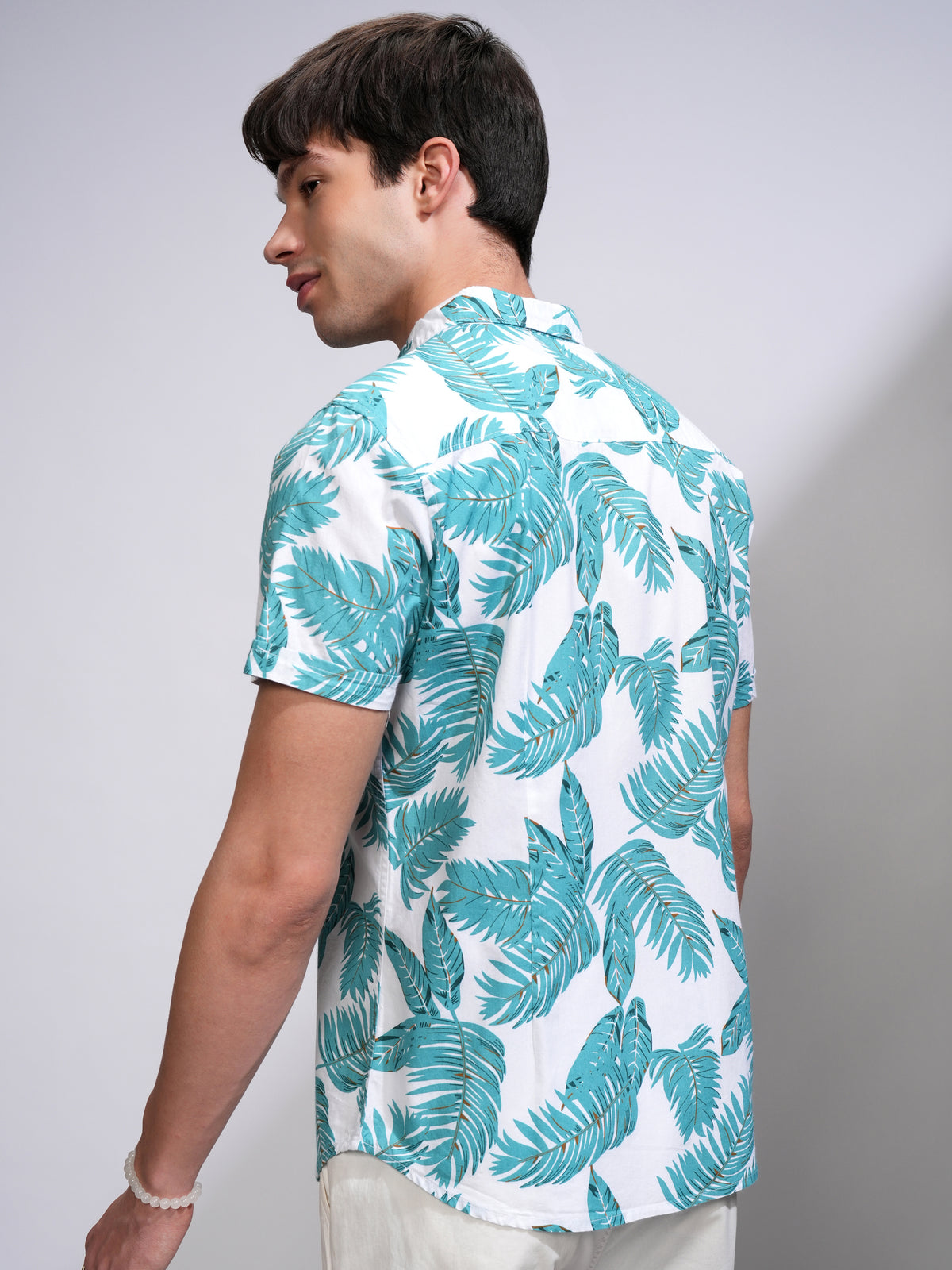 Mens Green & White Slim Fit Printed Casual Shirt - Green - Image 3