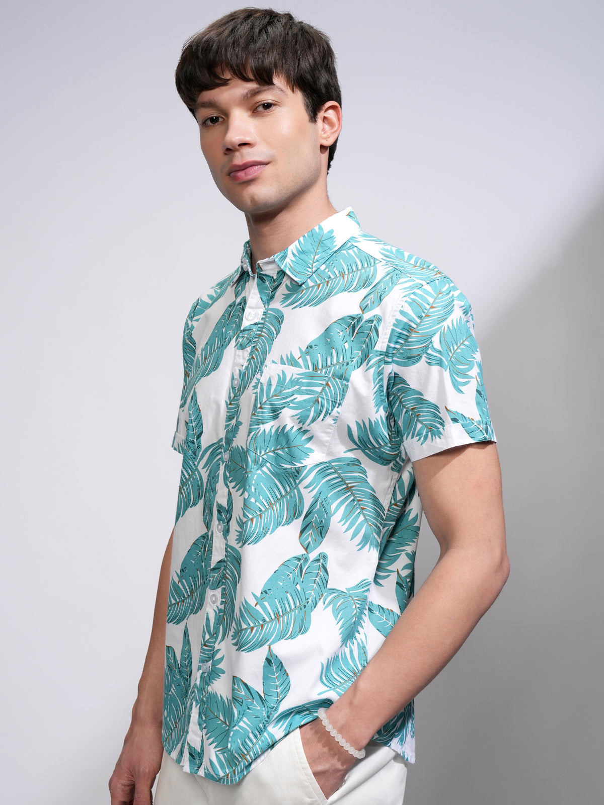 Mens Green & White Slim Fit Printed Casual Shirt - Green - Image 4