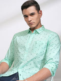Mens Sea Green Slim Fit Printed Casual Shirt - Green - Image 1