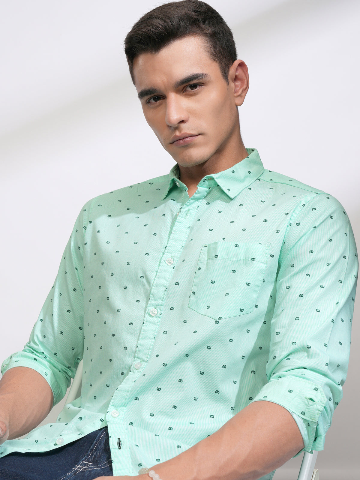 Mens Sea Green Slim Fit Printed Casual Shirt - Green - Image 1