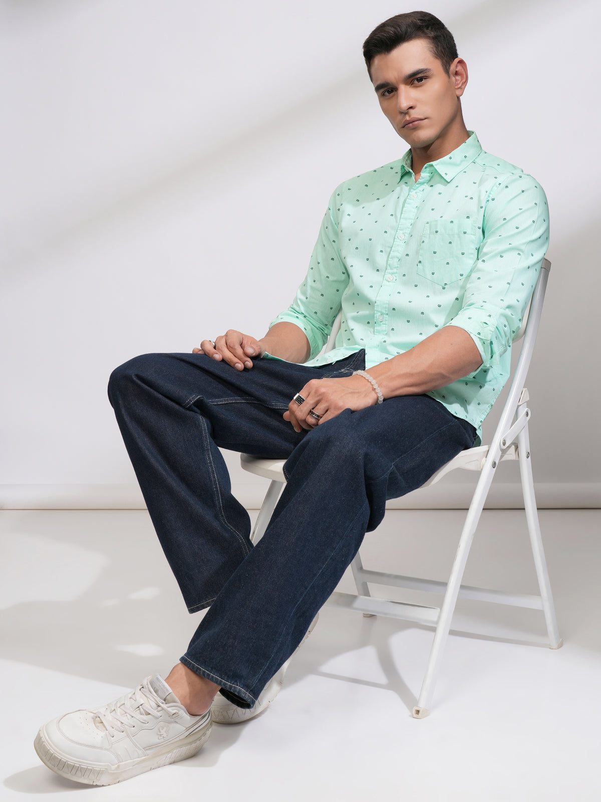 Mens Sea Green Slim Fit Printed Casual Shirt - Green - Image 2