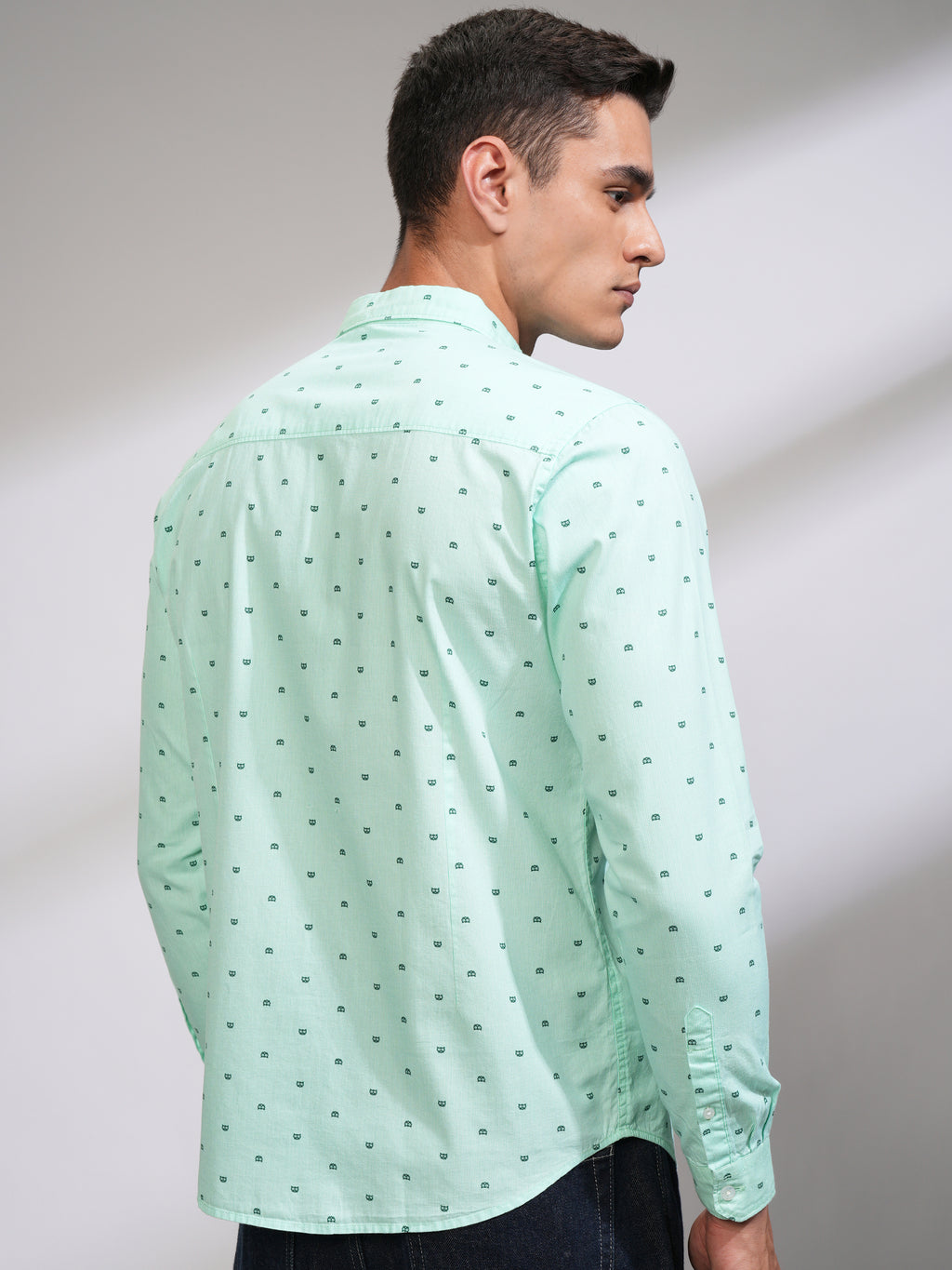 Mens Sea Green Slim Fit Printed Casual Shirt - Green - Image 3