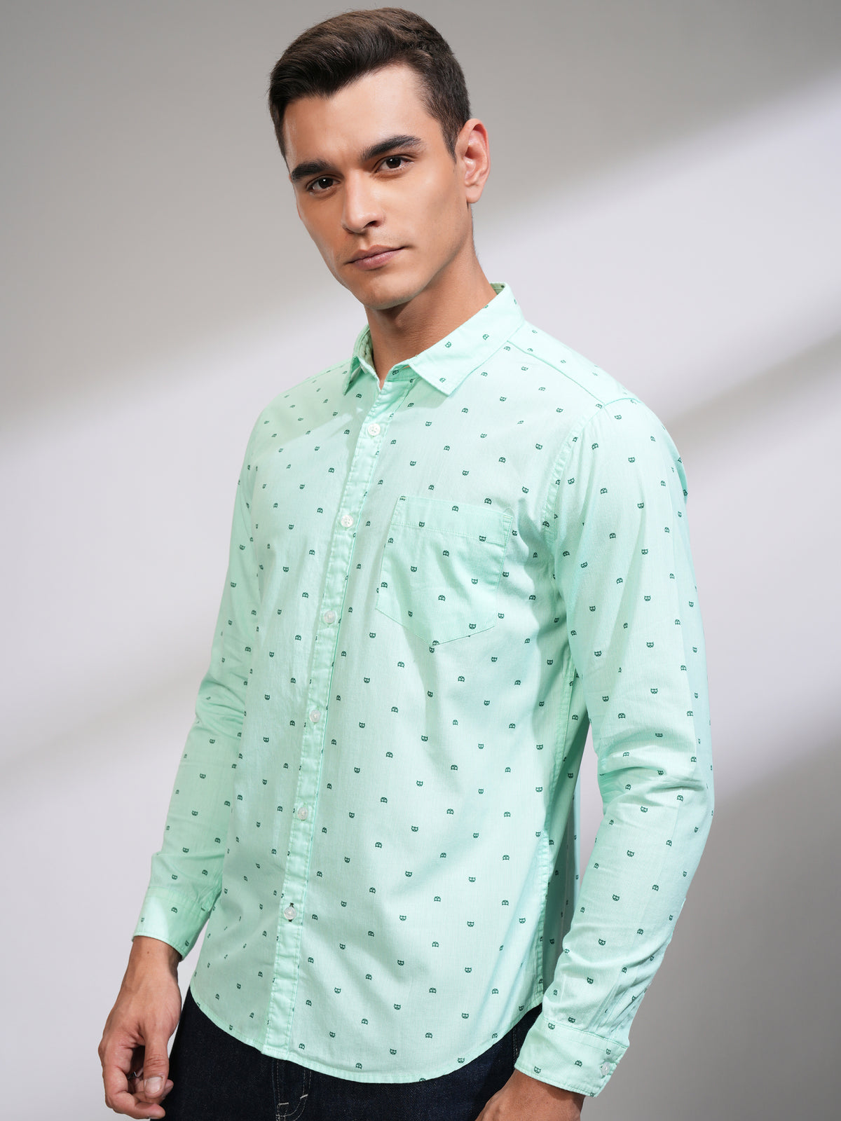 Mens Sea Green Slim Fit Printed Casual Shirt - Green - Image 4