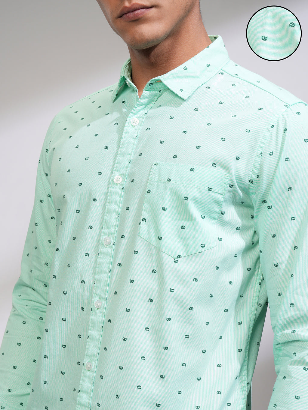 Mens Sea Green Slim Fit Printed Casual Shirt - Green - Image 5