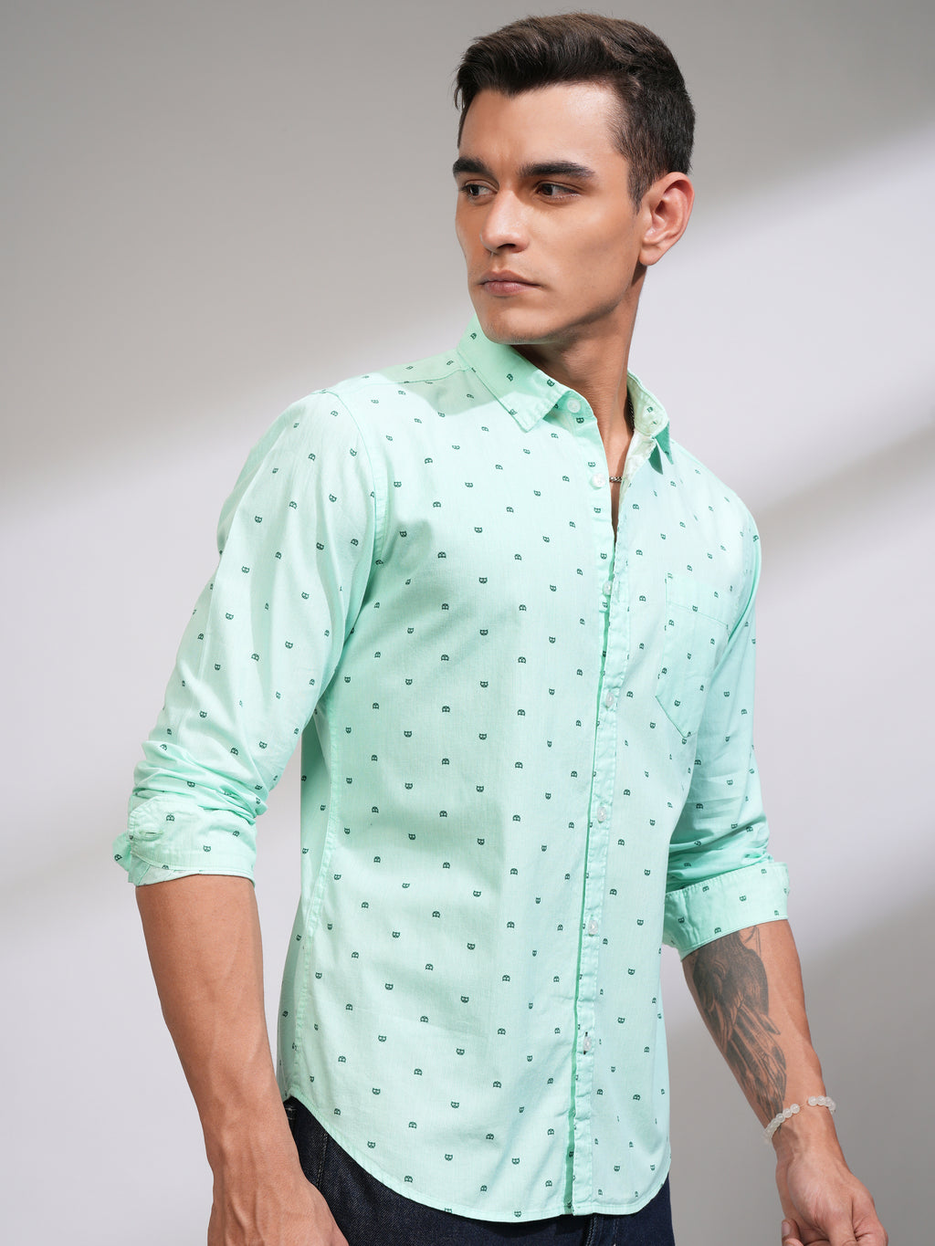 Mens Sea Green Slim Fit Printed Casual Shirt - Green - Image 6