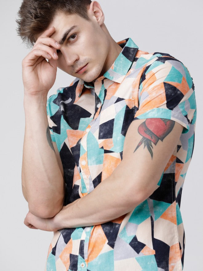 Mens Teal/Navy Blue Slim Fit Printed Casual Shirt - Teal - Image 1