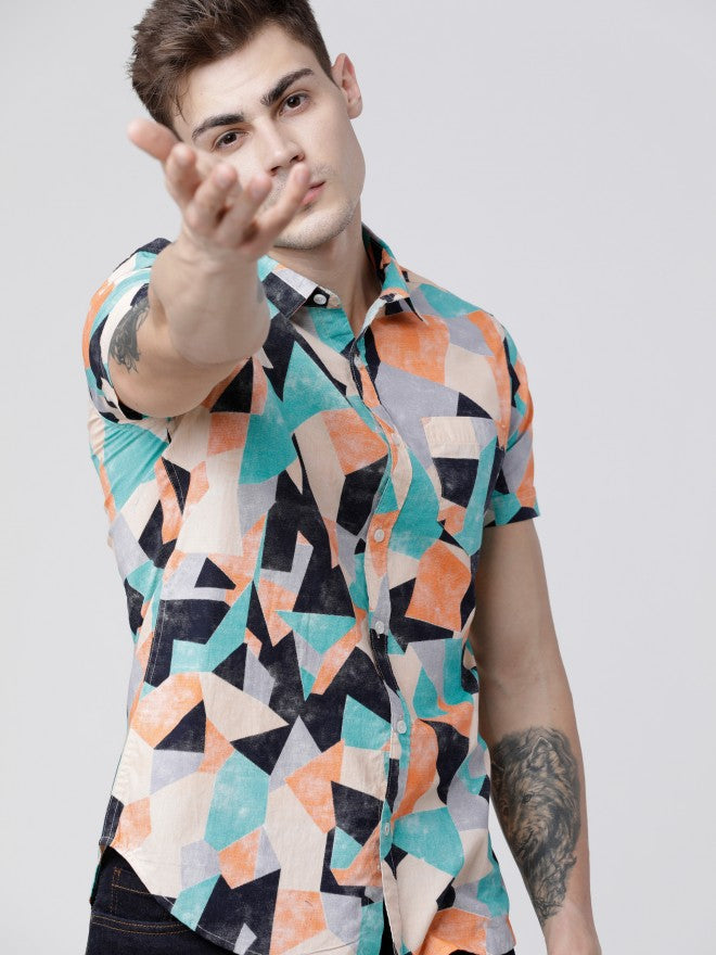 Mens Teal/Navy Blue Slim Fit Printed Casual Shirt - Teal - Image 2