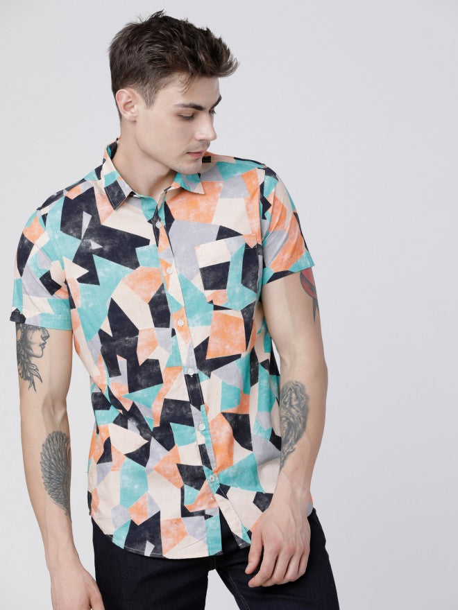 Mens Teal/Navy Blue Slim Fit Printed Casual Shirt - Teal - Image 3