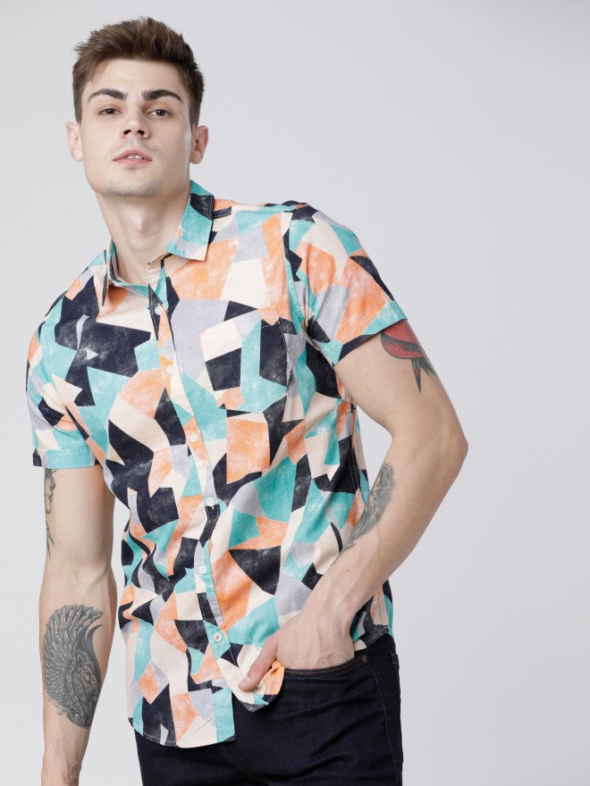 Mens Teal/Navy Blue Slim Fit Printed Casual Shirt - Teal - Image 4