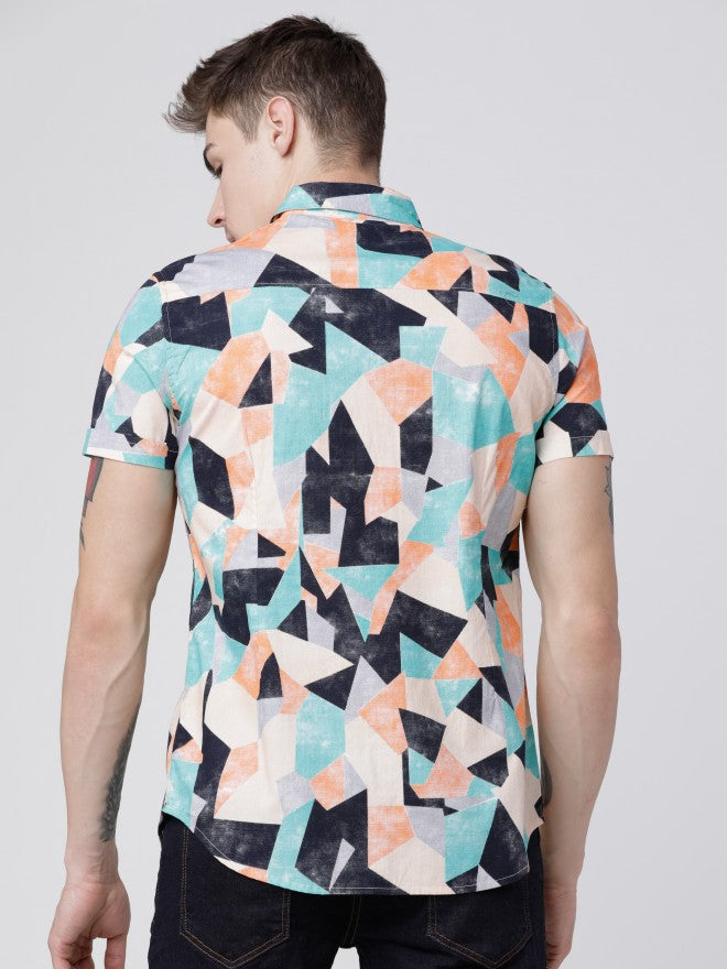 Mens Teal/Navy Blue Slim Fit Printed Casual Shirt - Teal - Image 5