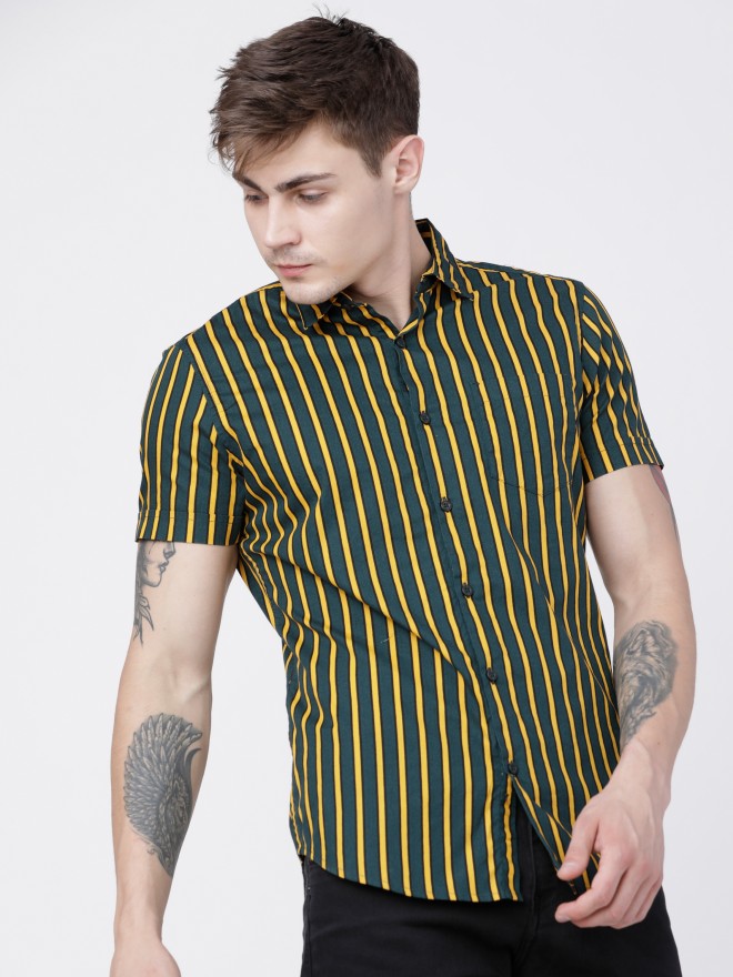 Mens Pine/Mustard Slim Fit Striped Casual Shirt - Green - Image 1
