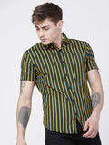 Mens Pine/Mustard Slim Fit Striped Casual Shirt - Green - Image 1