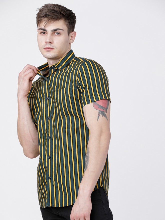 Mens Pine/Mustard Slim Fit Striped Casual Shirt - Green - Image 2