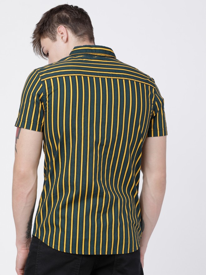 Mens Pine/Mustard Slim Fit Striped Casual Shirt - Green - Image 3