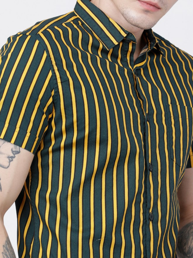 Mens Pine/Mustard Slim Fit Striped Casual Shirt - Green - Image 4