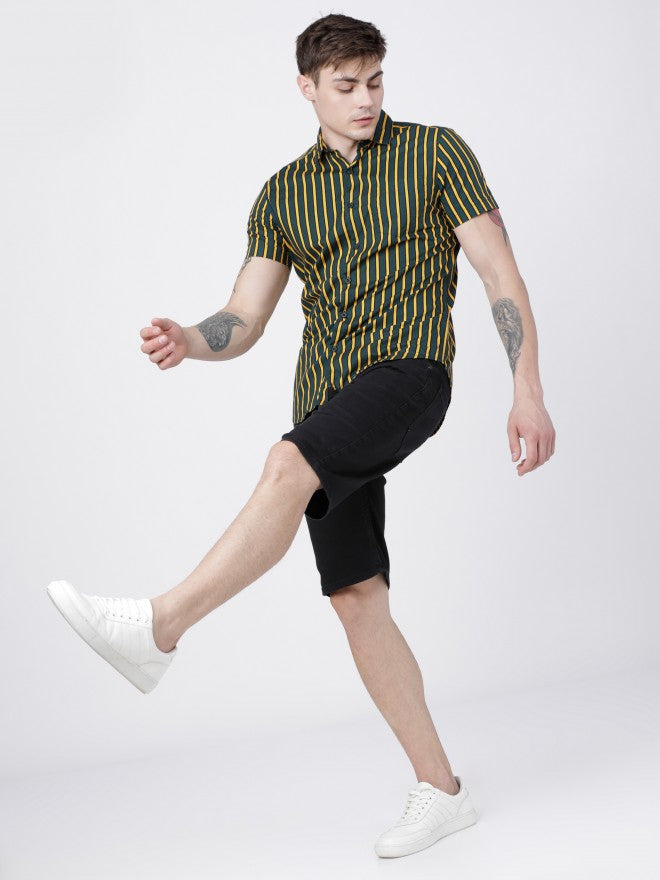 Mens Pine/Mustard Slim Fit Striped Casual Shirt - Green - Image 5