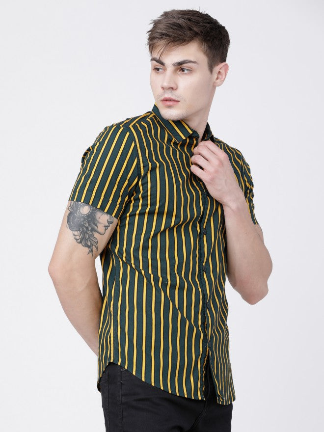 Mens Pine/Mustard Slim Fit Striped Casual Shirt - Green - Image 6