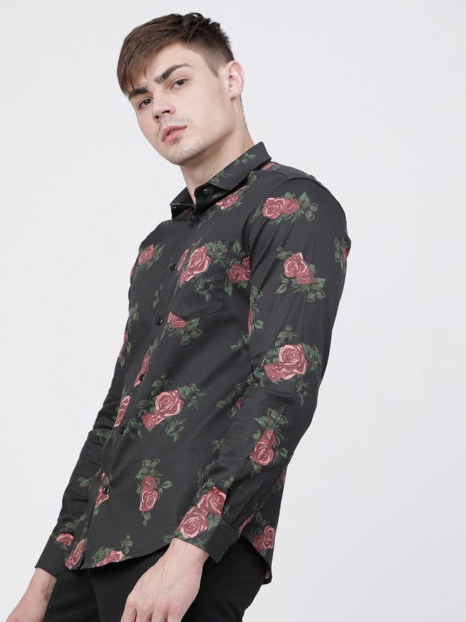 Mens Black/Maroon Slim Fit Printed Casual Shirt - Black - Image 2