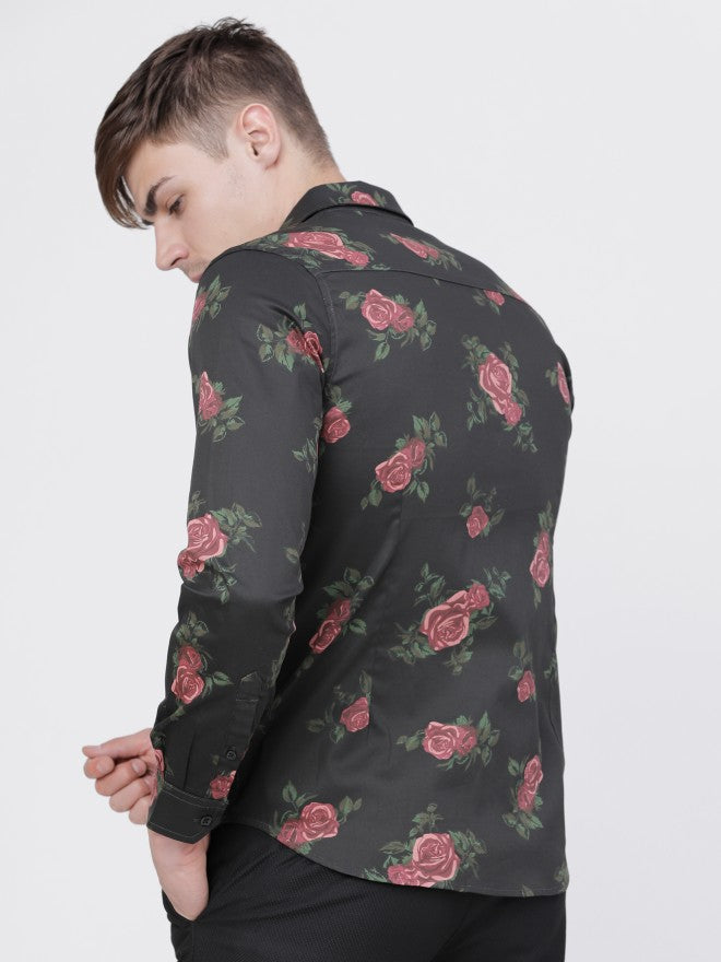 Mens Black/Maroon Slim Fit Printed Casual Shirt - Black - Image 3